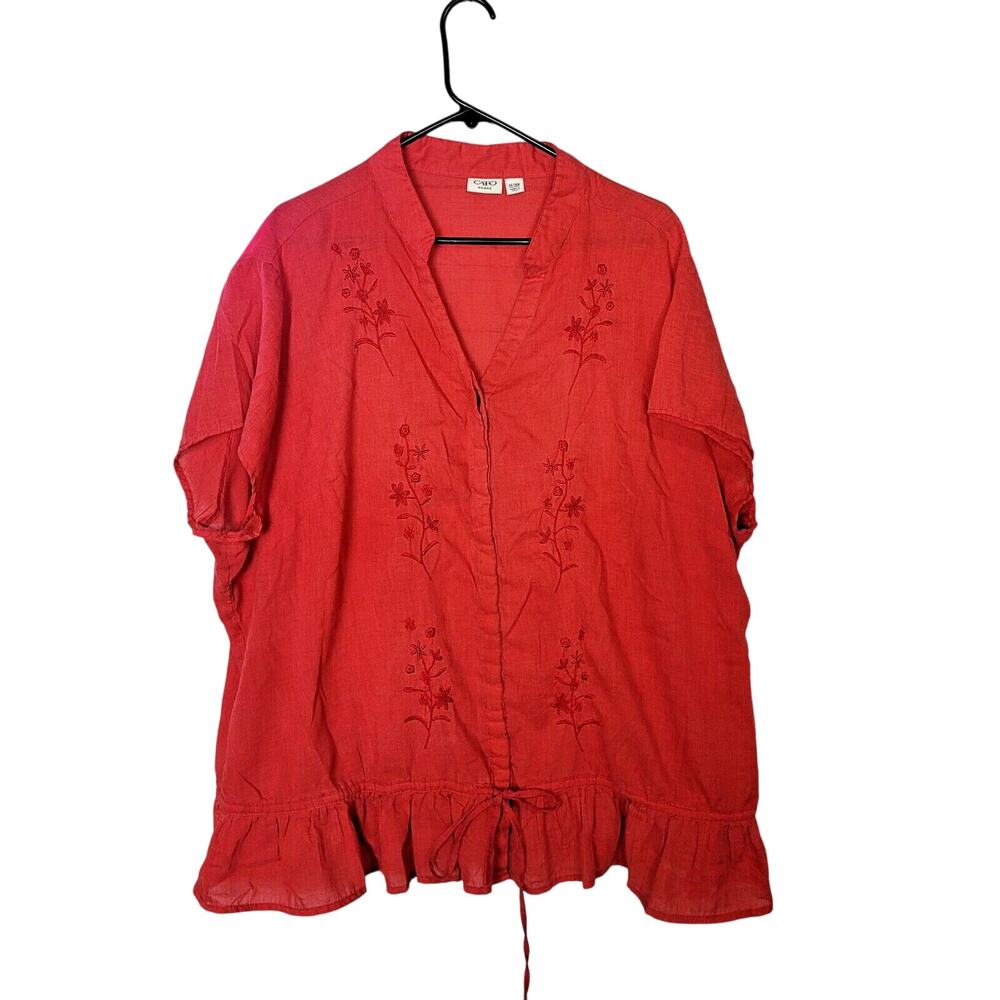 Cato Red Embroidered Floral V-Neck Ruffle Hem Top Womans Plus Size 26/28W